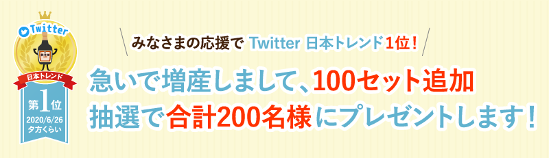 みなさまの応援でTwitter 日本トレンド１位！急いで増産しまして、100セット追加抽選で合計200名様にプレゼントします！