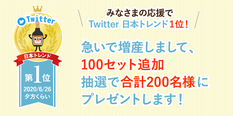 みなさまの応援でTwitter 日本トレンド１位！急いで増産しまして、100セット追加抽選で合計200名様にプレゼントします！